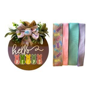 Hello Peeps Easter Wreath Kit, Bunny Door Sign, Pastel Spring Decor Bundle